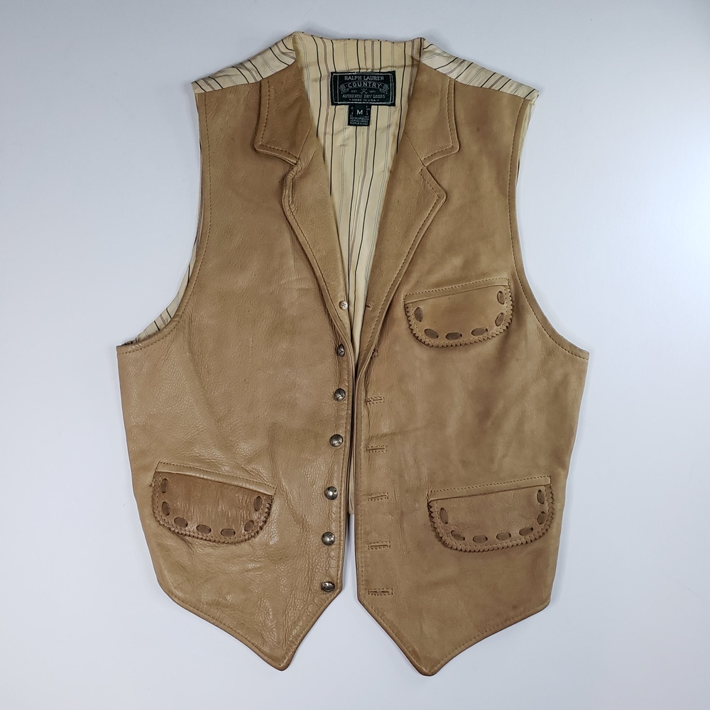 Ralph Lauren Country Polo Women Unisex Leather Vest Jacket USA made 80s Vtg Rare